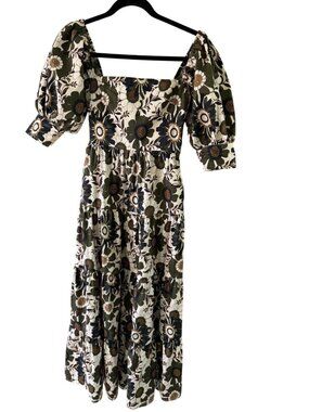 o.p.t. Womens Puff Sleeves Midi Dress Size XS  Cotton Floral Smocked Boho Casual